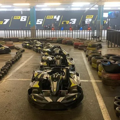 Race cars in parking garage